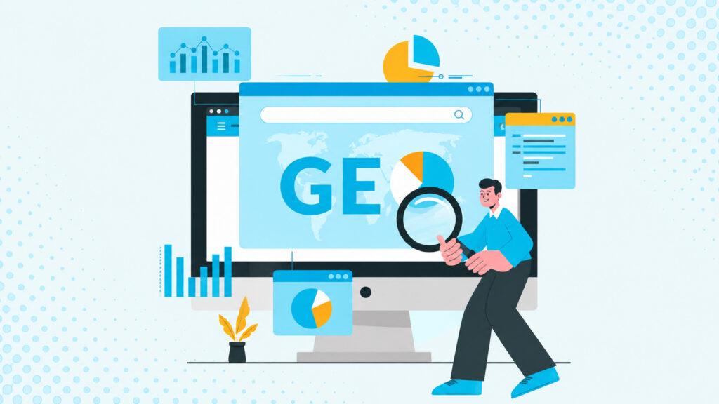 Illustration of a person using a magnifying glass to examine a computer screen displaying "GEO" for generative engine optimization, surrounded by charts and search results